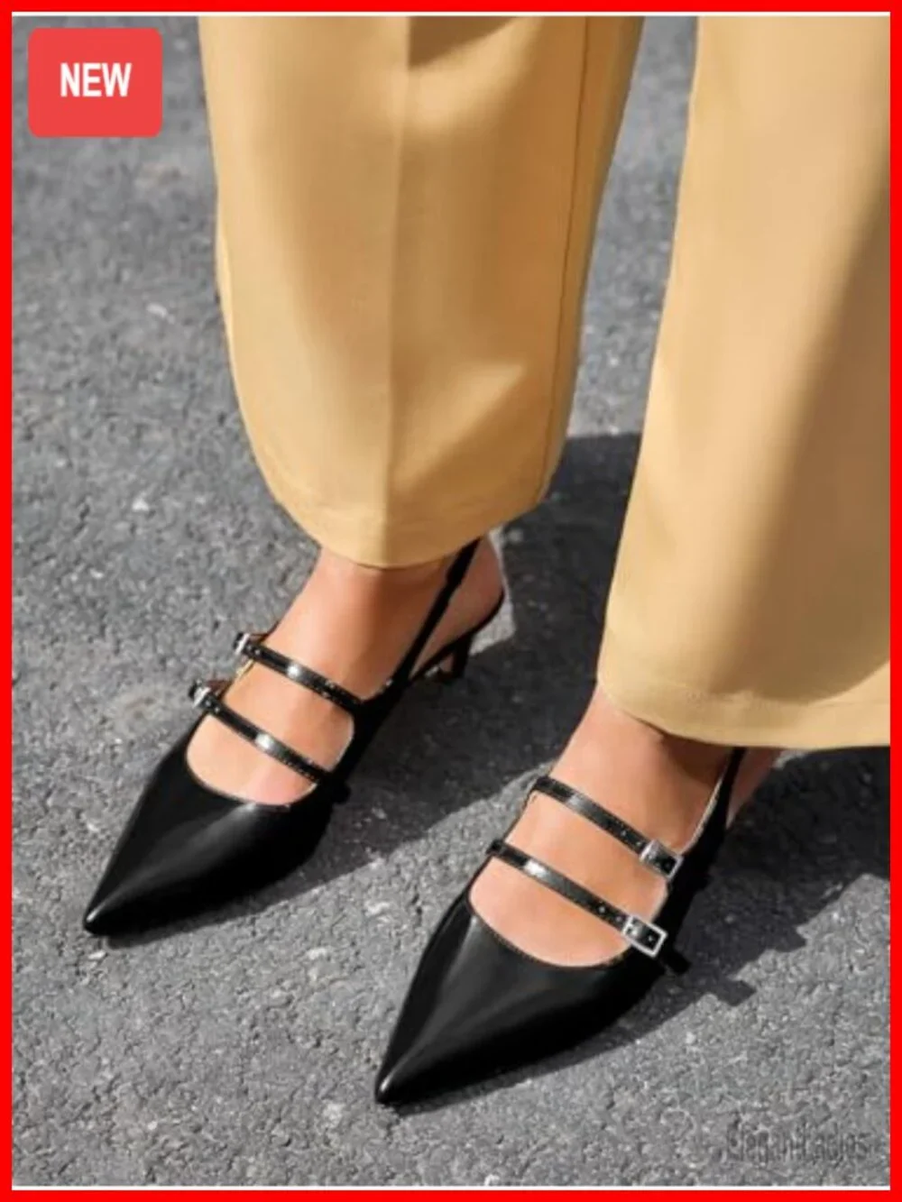 Coutgo Womens Slingback Kitten Heels Mary Jane Pumps Pointed Toe Buckle Straps